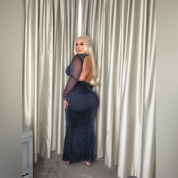 Shein Sheer Long Sleeve Black Sparkly Maxi Dress with Open Back - Picture 9 of 9